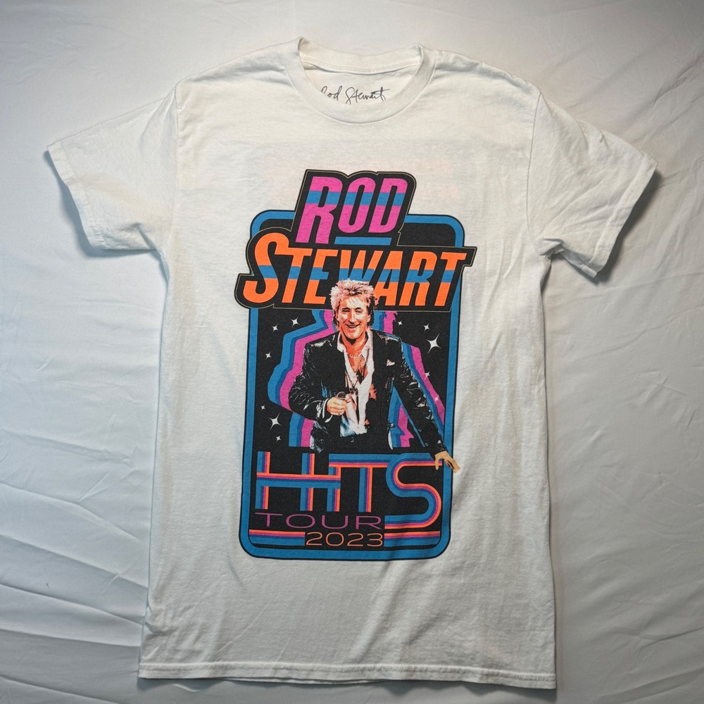 Rod Stewart Hits Tour 2023 Concert Graphic Tee White Mens Small 100% Cotton